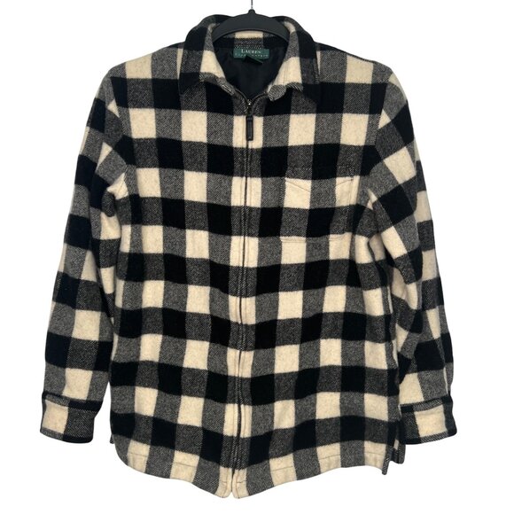 Lauren Ralph Lauren Wool Flannel Shacket Black White Check Medium Full Zip Women - Picture 1 of 9